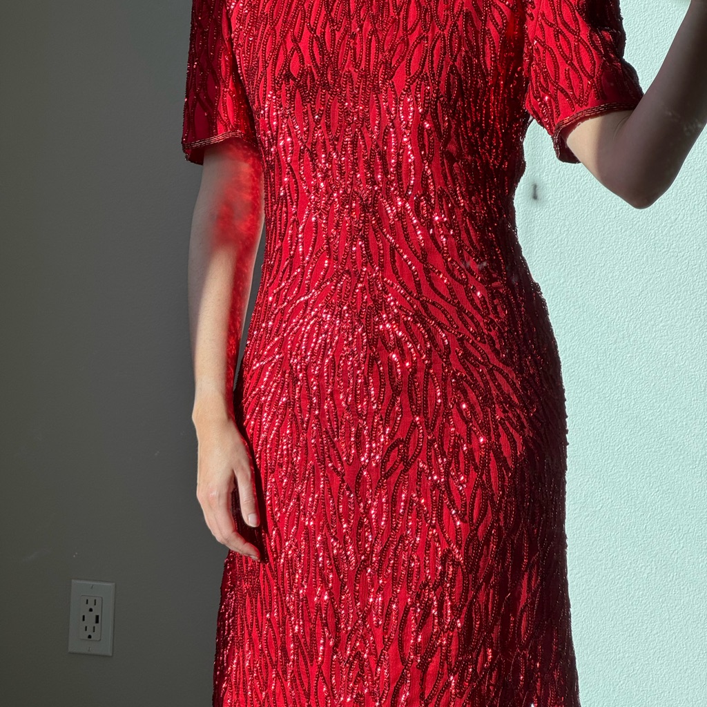 Laurence Kazar 100% Silk Red Beaded Sequin Evening Cocktail Holiday Dress Sz M